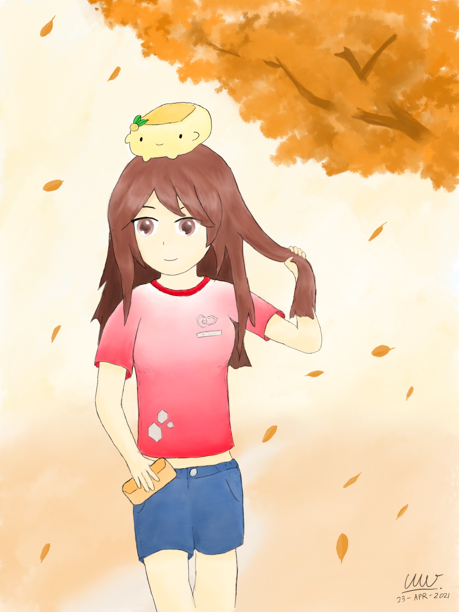 [Autumn Breeze - Artwork Image Description]: An e-watercolour painting featuring the portrait of a fictional girl standing under (and slightly in front of) a tree branch with autumn leaves. She appears to be fidgeting with her long, brown hair with her left hand, while leaves fall and flow with subtle winds blowing to her right. Wearing a red-white T-shirt with denim shorts, her right hand holds a purse-like item, while looking slightly off to her right. She also has a Yuzu Tofu plush toy on her head.