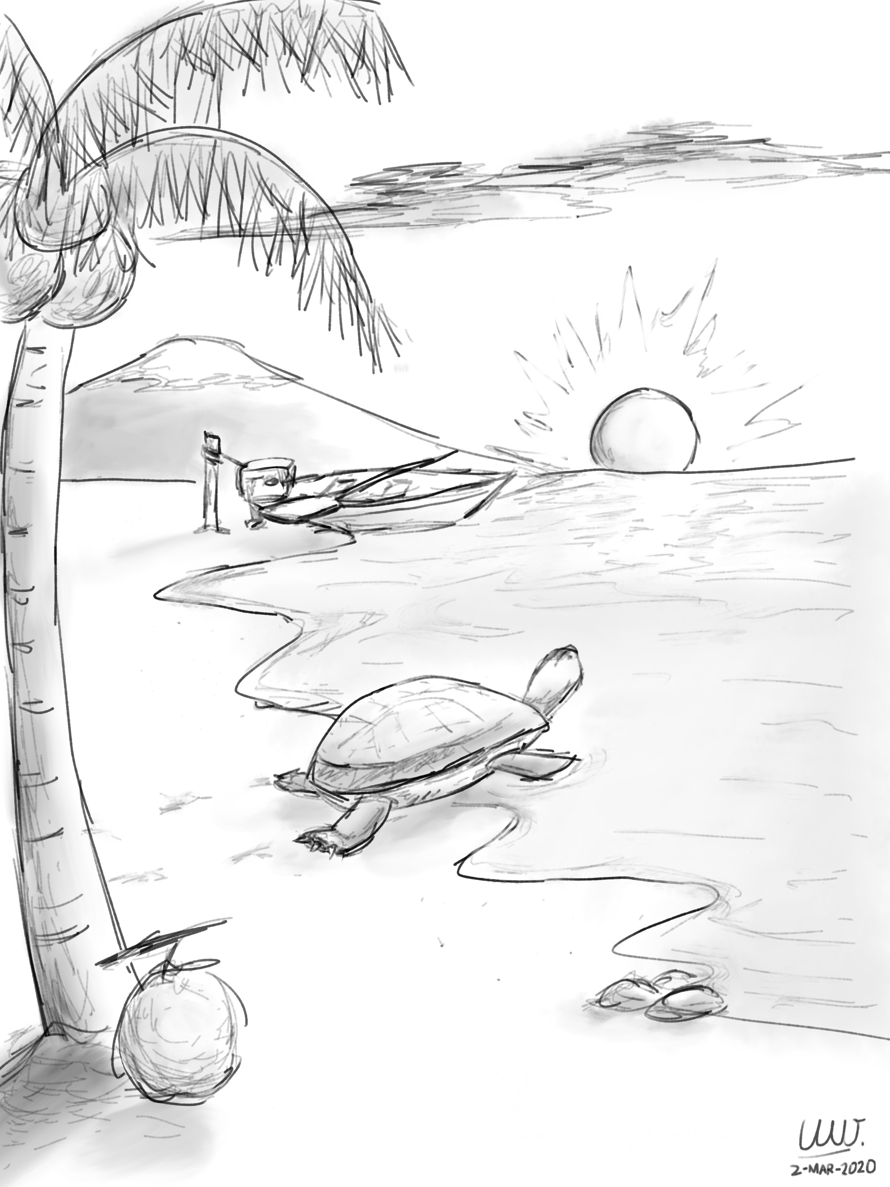 [Beach Turtle - Artwork Image Description]: A turtle appears to be looking at the sunset at the shore. Some clouds, a mountain, a coconut tree, and a wooden boat can be seen in the background. A coconut can be seen at the root of the coconut tree, and a few pebbles/stones can be seen at the shore near the turtle.