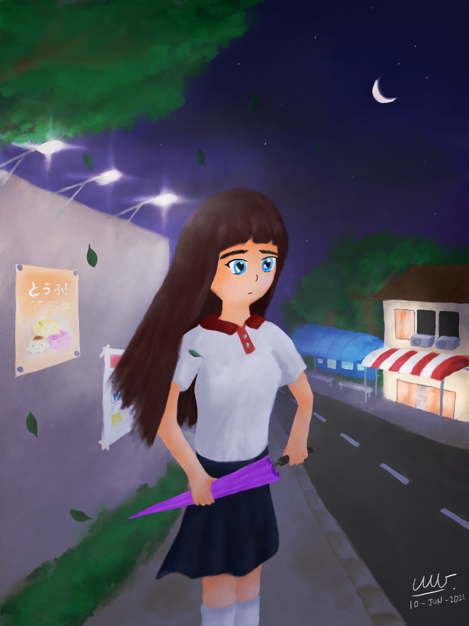 [Distant Night - Artwork Image Description]: An e-watercolour painting featuring a small night-time roadside scenery. The foreground depicts a 3/4 portrait of a girl, facing to her left, standing on the pavement holding an umbrella. She can be seen wearing a white T-shirt with red collars and a dark blue skirt, gazing as if pondering at something afar. A wall with posters attached are visible on her right, with lamps illuminating from the wall-top. Leaves are seen dropping from a tree above her, as wind blows slightly from behind to her right. In the background, a two-story building can be seen behind, across the road to her left, with a bus stop next to it. The sky is mostly clear with a cresent moon and stars, though very minor amounts of clouds are present.