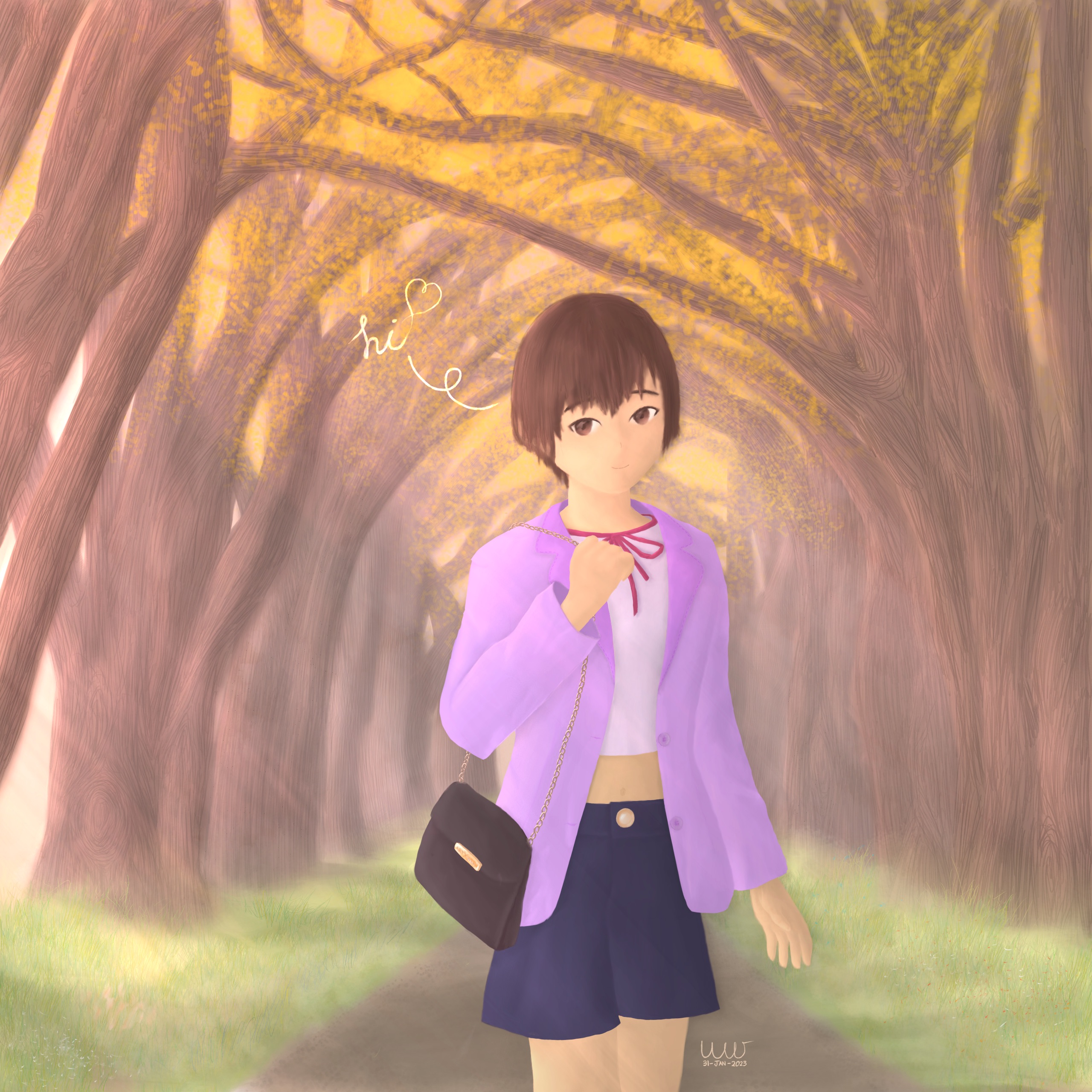 [Express Path - Artwork Image Description]: A character appears to be standing on a concrete path, facing the viewer, wearing a purple blazer over a crop-top, with dark flared shorts, and holding a black handbag with a gold chain. The path is a straight one, appearing to going all the way from the viewer to the horizon ahead. Tall trees can be seen arching from both sides of the path, having yellowing leaves on their branches and rooted on ground which has green vegetation. Sunlight flares can be seen shining in from between the gaps from the top left to bottom right.